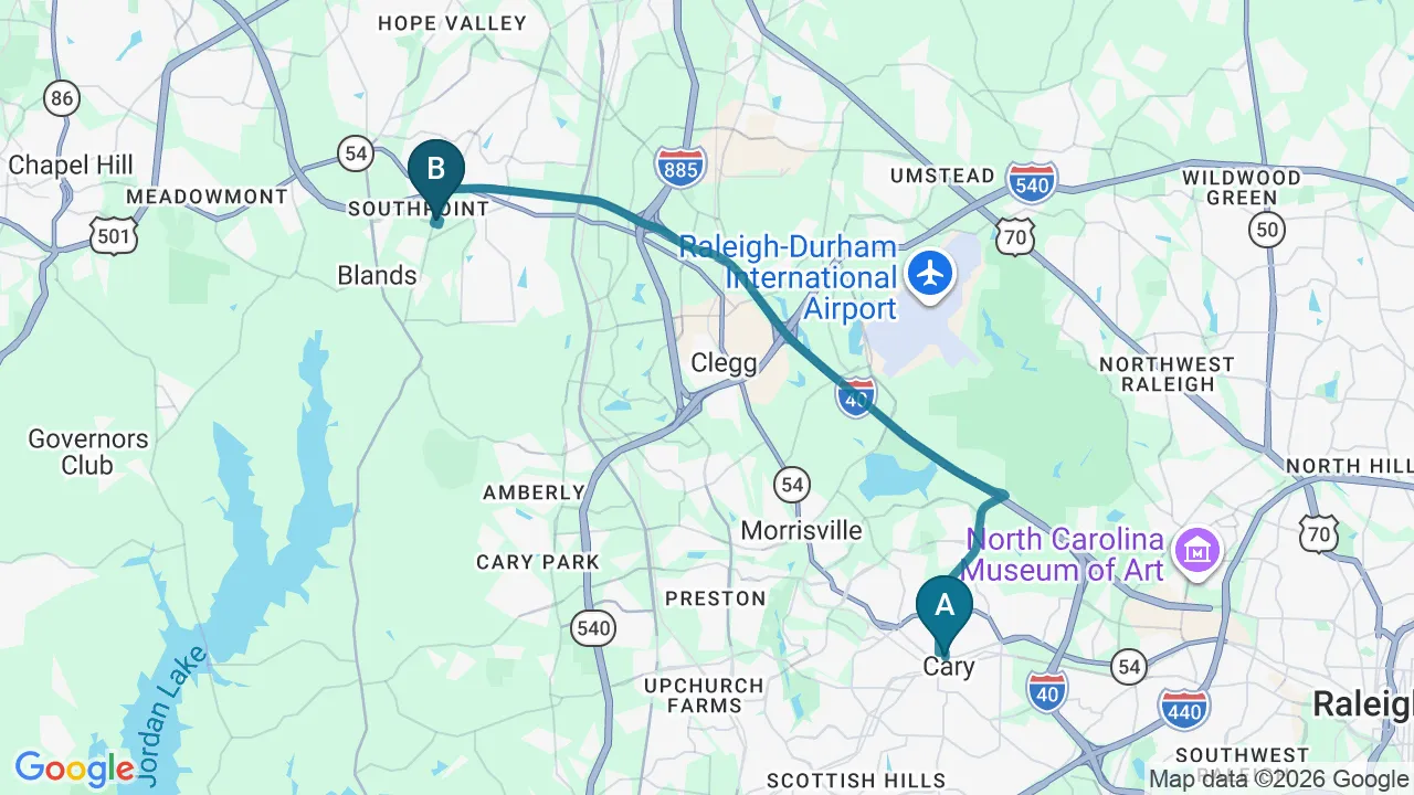 Driving directions map from Cary, NC to Complete Chiropractic Sports & Wellness in Durham