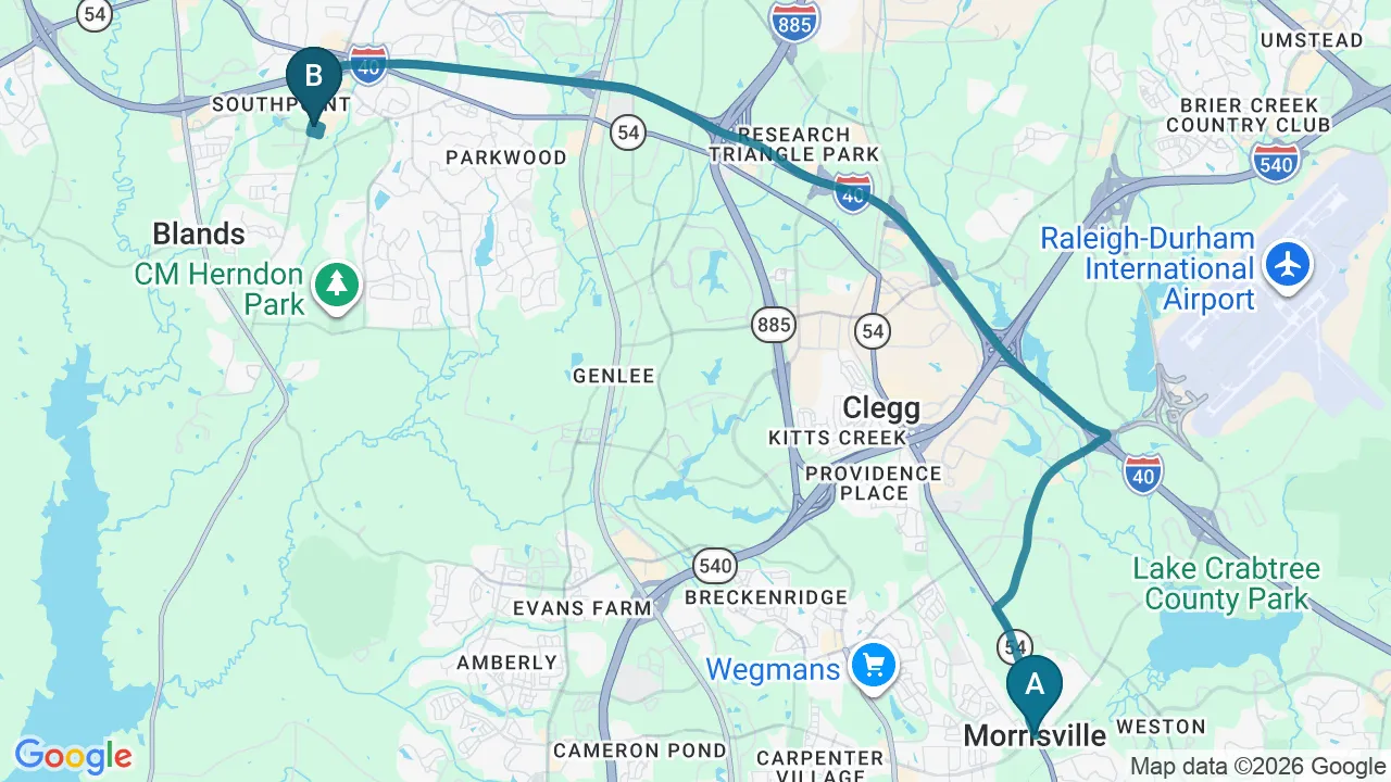 Driving directions map from Morrisville, NC to Complete Chiropractic Sports & Wellness in Durham