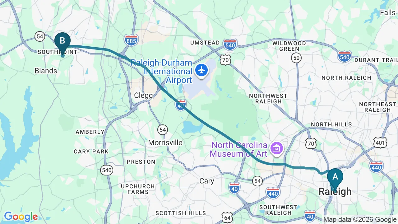 Driving directions map from Raleigh, NC to Complete Chiropractic Sports & Wellness in Durham