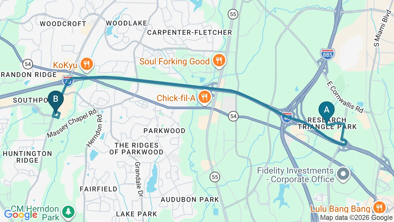Driving directions map from Research Triangle Park, NC to Complete Chiropractic Sports & Wellness in Durham